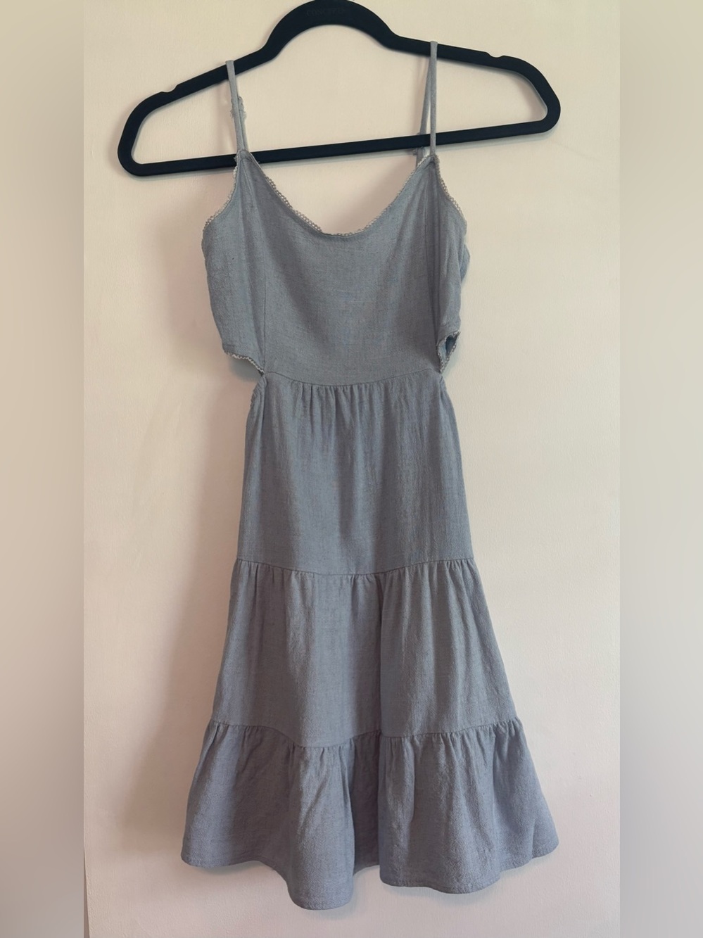 Altar'd State Dusty Blue Tiered Spaghetti Strap Midi Dress